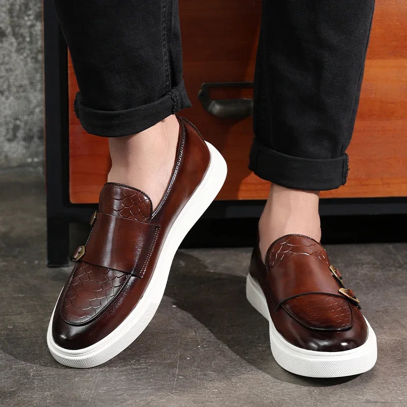 Retro Style Fashion New Men'S Black Brown Flats Monk Strap Leather Shoes Casual Loafers Formal Dress Footwear Shoes Men