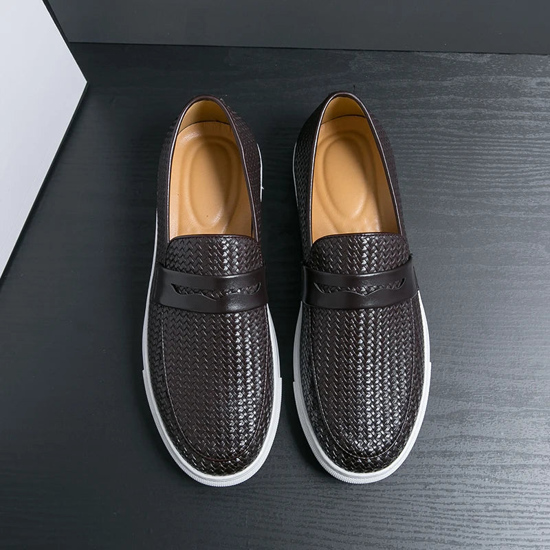 Fashion Slip On Loafers Men Shoes Board Soft Casual Leather Shoes Men Sneakers Party Weave Pattern Shoes For Man Flat Free