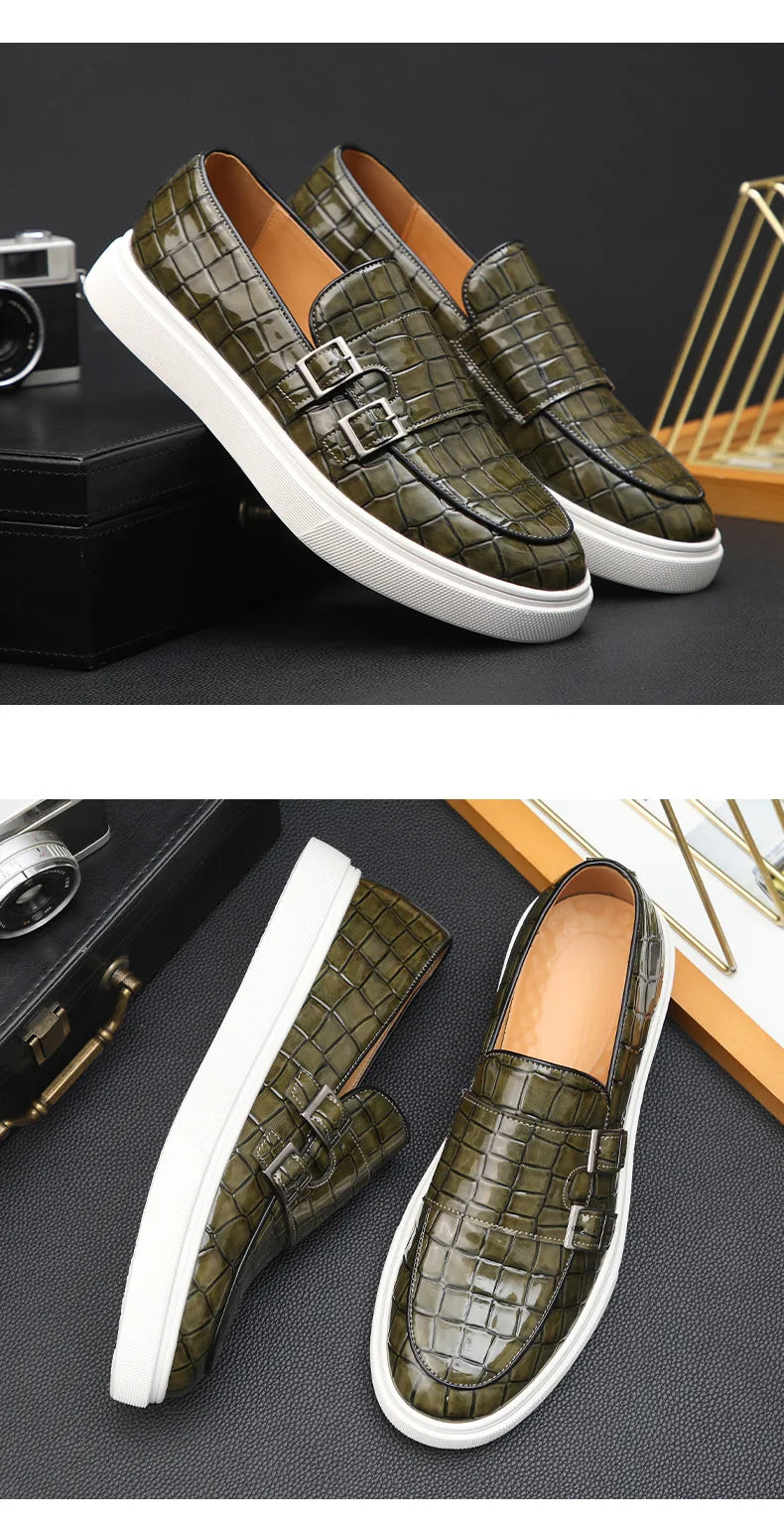 Men's Casual Shoes Crocodile Grain Leather Men Fashion British Style Loafers Mens Slip-on Outdoor Flats Monk Shoes