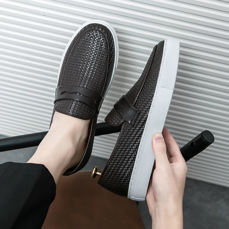 Fashion Slip On Loafers Men Shoes Board Soft Casual Leather Shoes Men Sneakers Party Weave Pattern Shoes For Man Flat Free