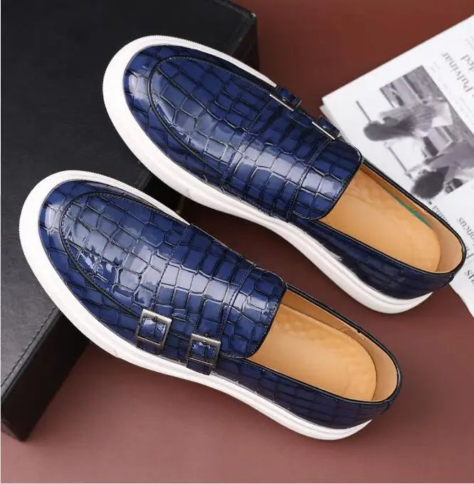 Men's Casual Shoes Crocodile Grain Leather Men Fashion British Style Loafers Mens Slip-on Outdoor Flats Monk Shoes