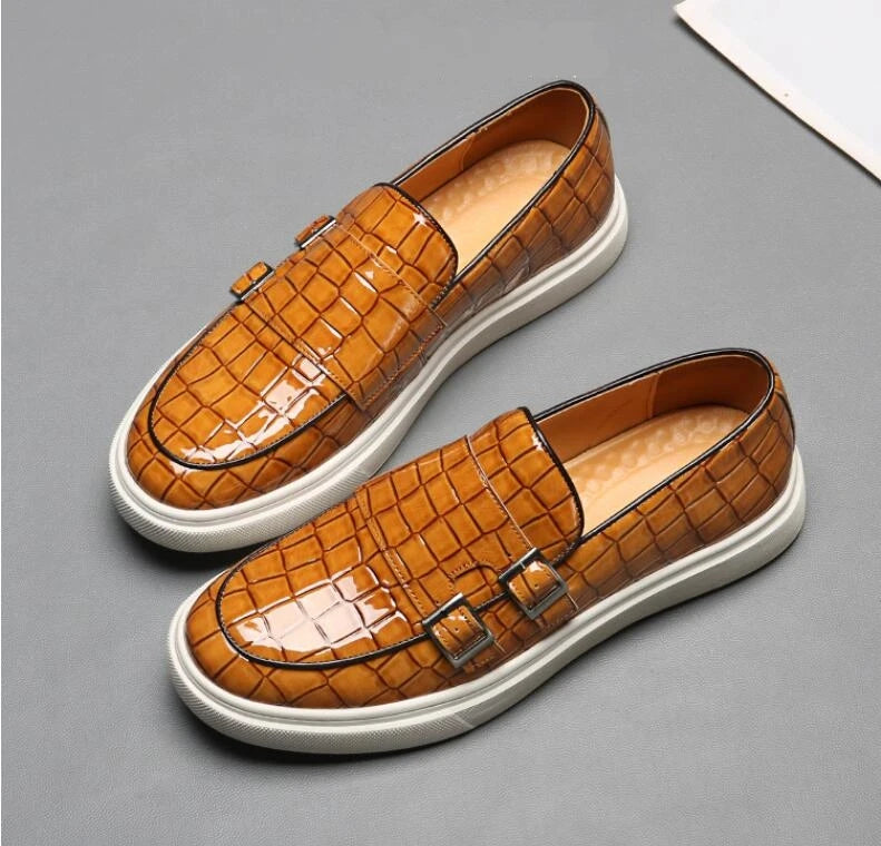 Men's Casual Shoes Crocodile Grain Leather Men Fashion British Style Loafers Mens Slip-on Outdoor Flats Monk Shoes