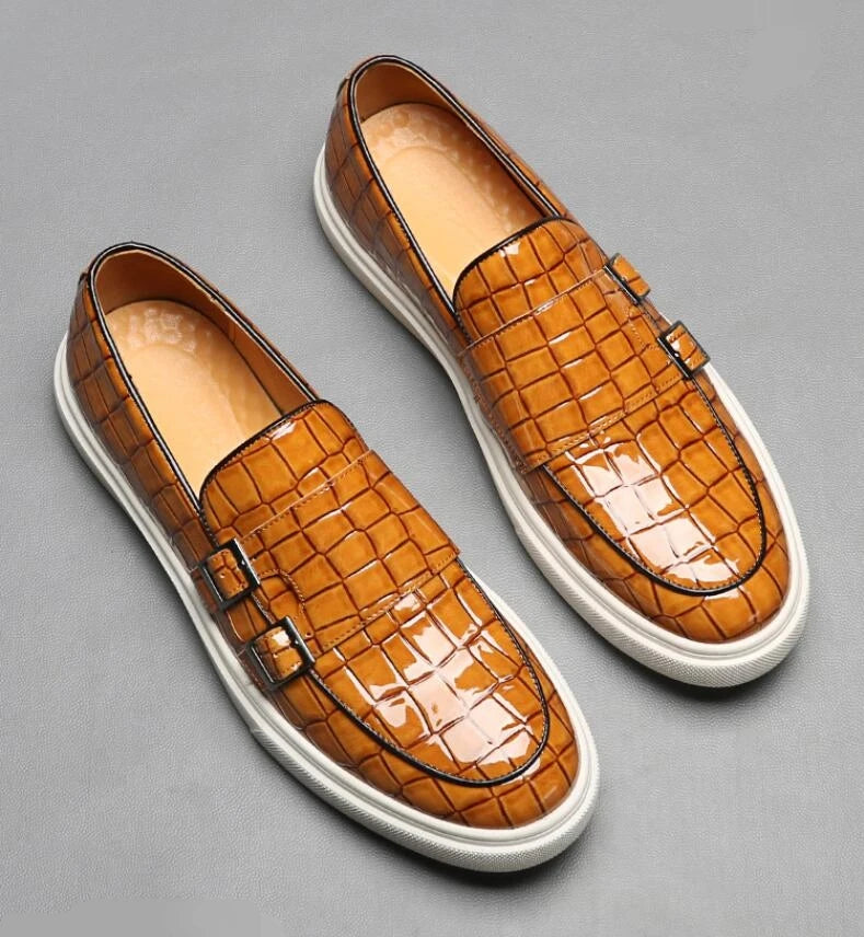 Men's Casual Shoes Crocodile Grain Leather Men Fashion British Style Loafers Mens Slip-on Outdoor Flats Monk Shoes