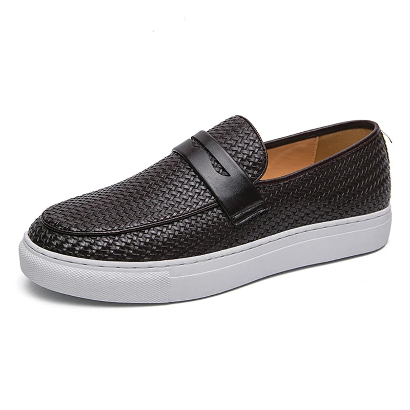 Fashion Slip On Loafers Men Shoes Board Soft Casual Leather Shoes Men Sneakers Party Weave Pattern Shoes For Man Flat Free