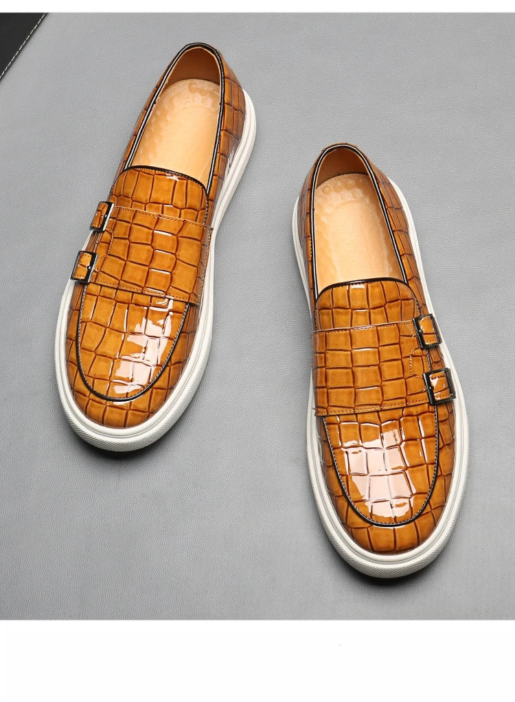 Men's Casual Shoes Crocodile Grain Leather Men Fashion British Style Loafers Mens Slip-on Outdoor Flats Monk Shoes