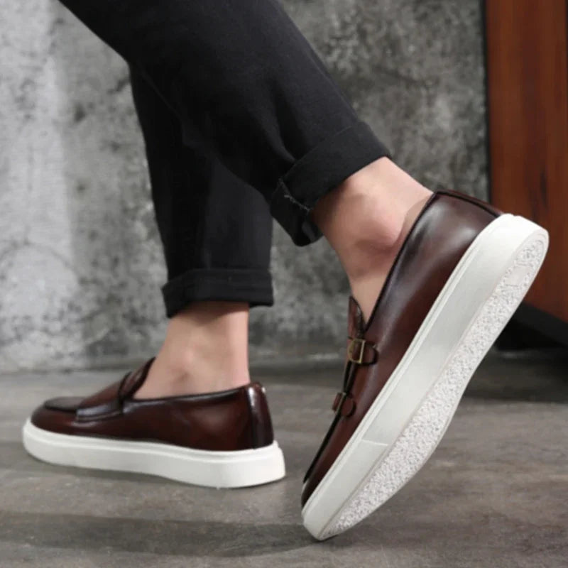 Retro Style Fashion New Men'S Black Brown Flats Monk Strap Leather Shoes Casual Loafers Formal Dress Footwear Shoes Men