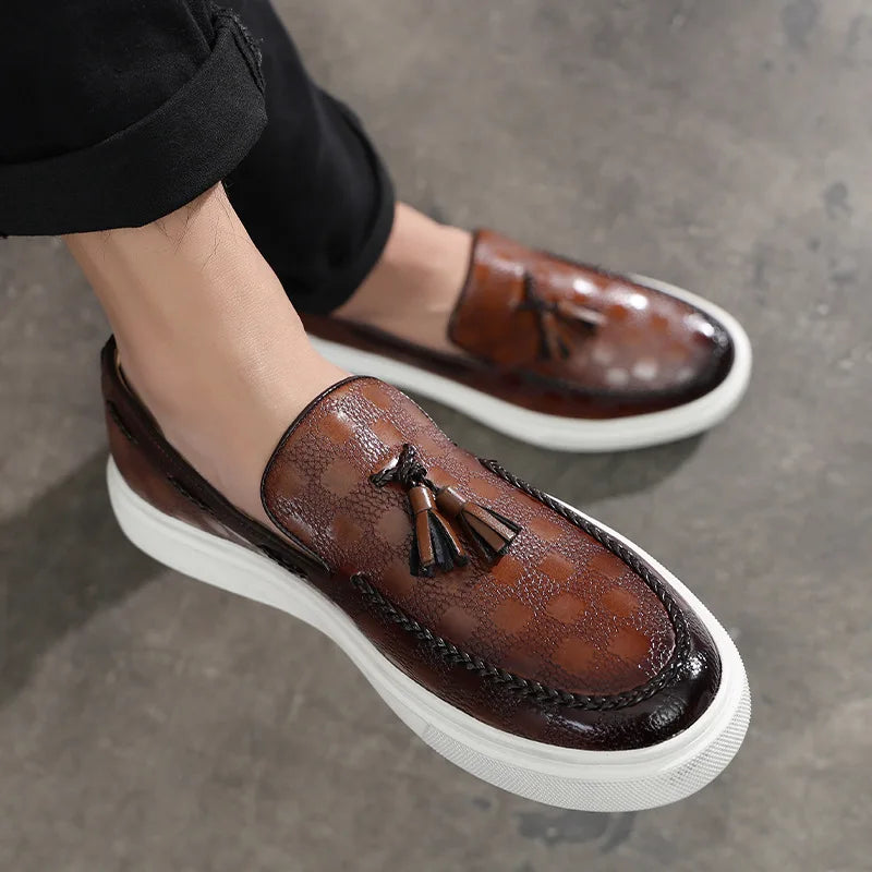 Tassel Mules Slip On Genuine Leather Mules British Style Concise Flat Casual Shoes Men's Shallow Loafers Big Size 38-46