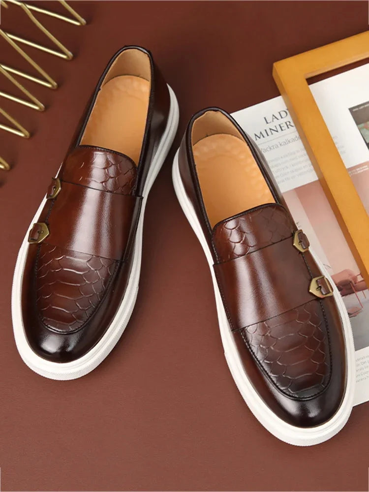 Retro Style Fashion New Men'S Black Brown Flats Monk Strap Leather Shoes Casual Loafers Formal Dress Footwear Shoes Men