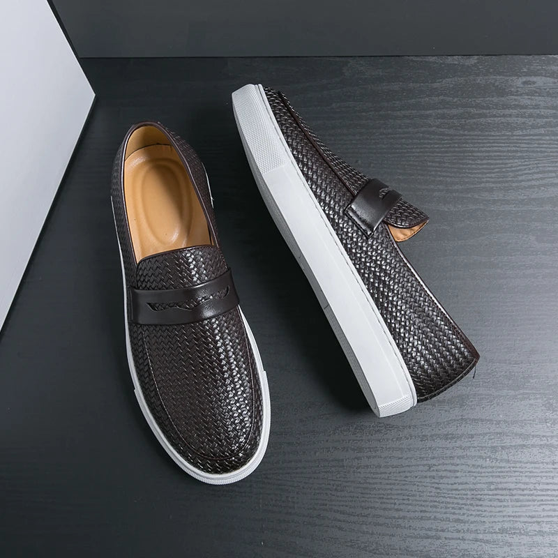 Fashion Slip On Loafers Men Shoes Board Soft Casual Leather Shoes Men Sneakers Party Weave Pattern Shoes For Man Flat Free