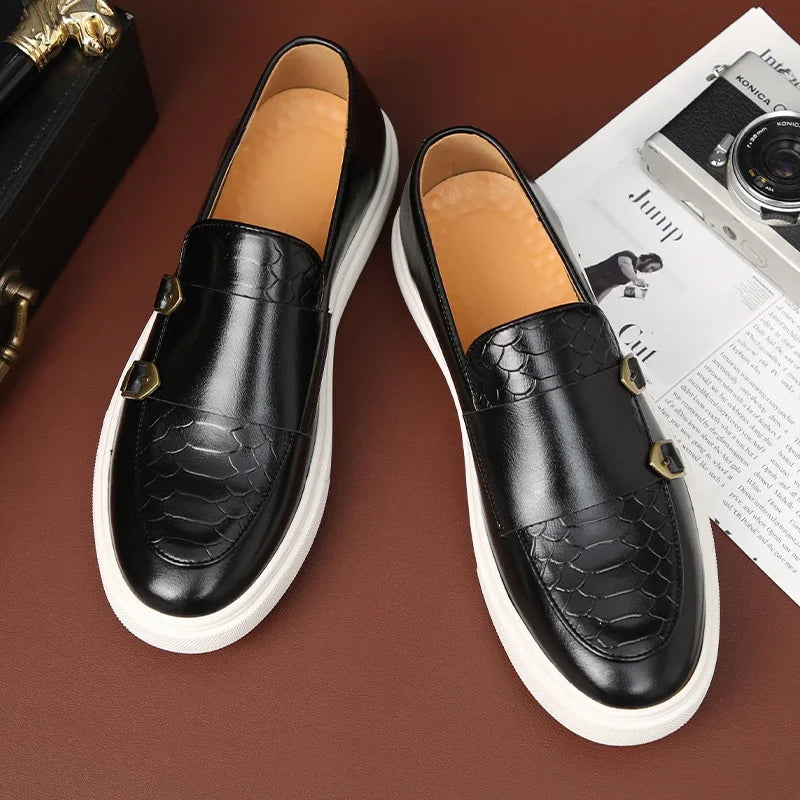 Retro Style Fashion New Men'S Black Brown Flats Monk Strap Leather Shoes Casual Loafers Formal Dress Footwear Shoes Men