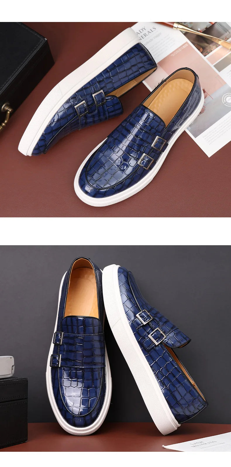 Men's Casual Shoes Crocodile Grain Leather Men Fashion British Style Loafers Mens Slip-on Outdoor Flats Monk Shoes