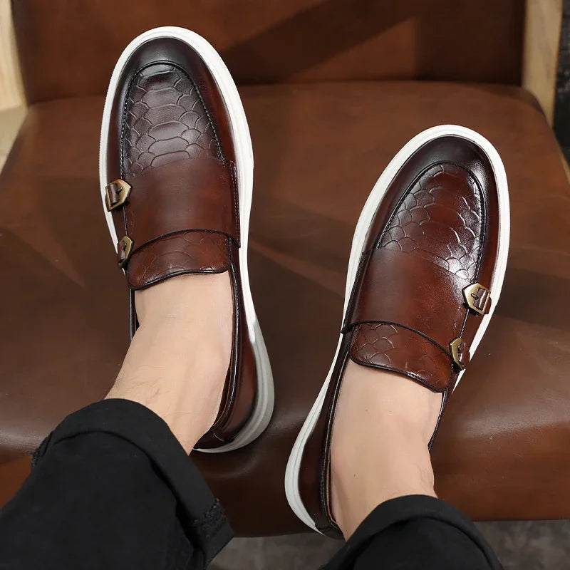 Retro Style Fashion New Men'S Black Brown Flats Monk Strap Leather Shoes Casual Loafers Formal Dress Footwear Shoes Men