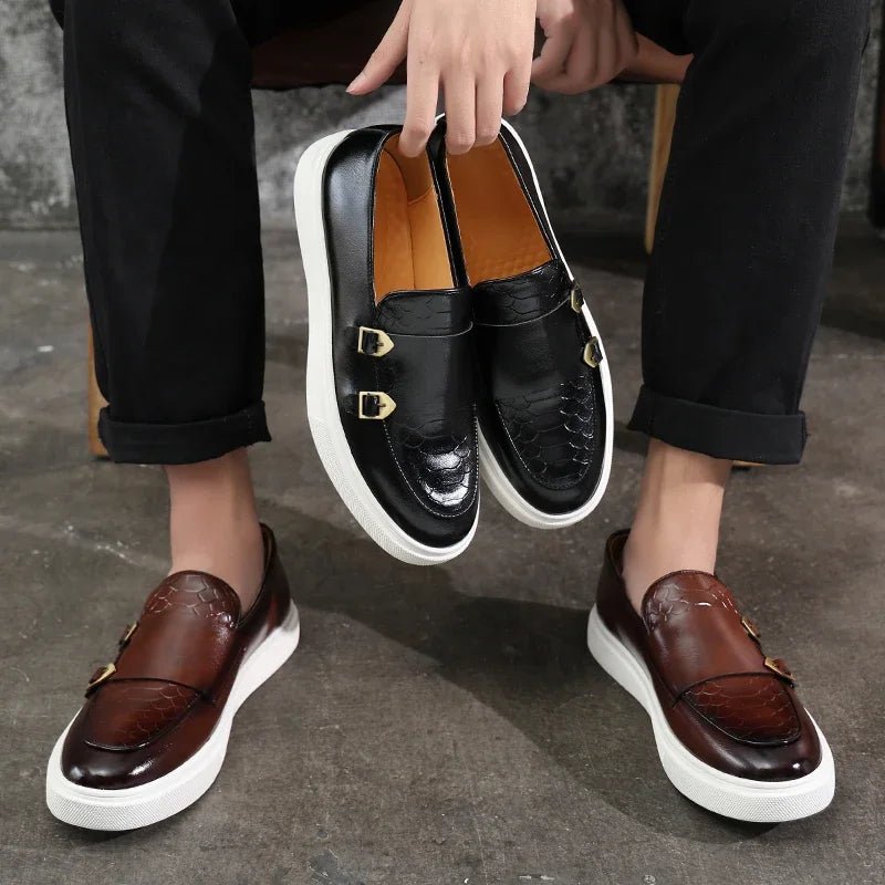 Retro Style Fashion New Men'S Black Brown Flats Monk Strap Leather Shoes Casual Loafers Formal Dress Footwear Shoes Men