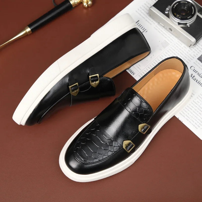 Retro Style Fashion New Men'S Black Brown Flats Monk Strap Leather Shoes Casual Loafers Formal Dress Footwear Shoes Men