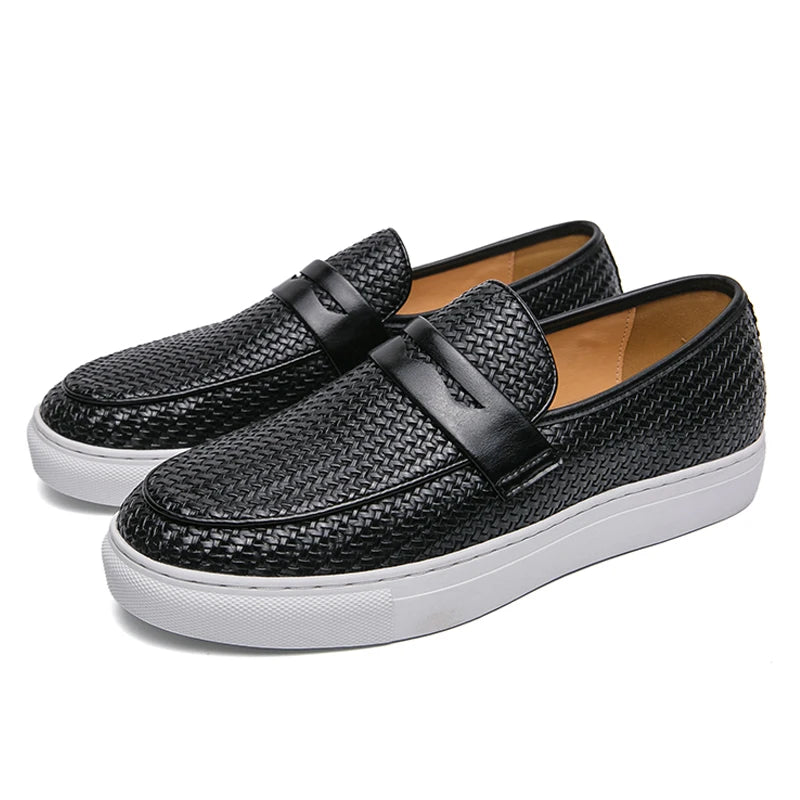 Fashion Slip On Loafers Men Shoes Board Soft Casual Leather Shoes Men Sneakers Party Weave Pattern Shoes For Man Flat Free