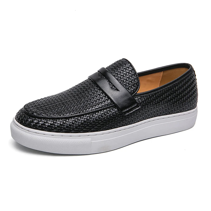 Fashion Slip On Loafers Men Shoes Board Soft Casual Leather Shoes Men Sneakers Party Weave Pattern Shoes For Man Flat Free