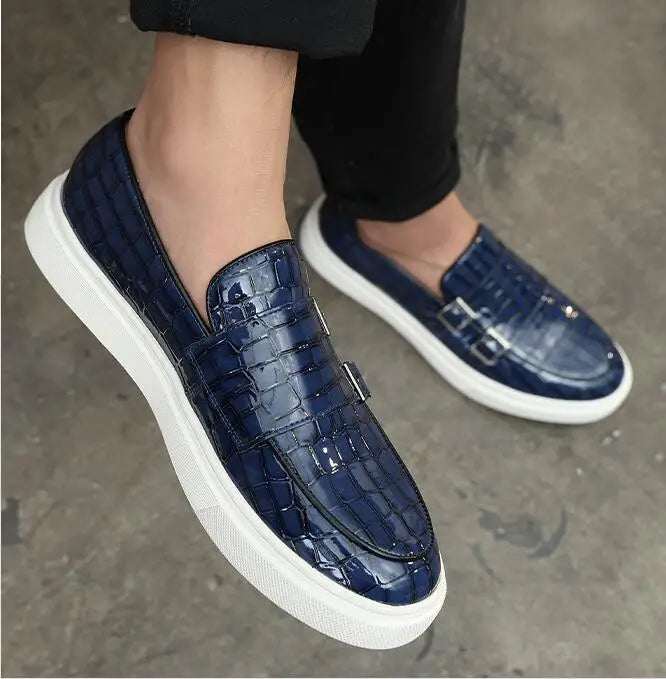 Men's Casual Shoes Crocodile Grain Leather Men Fashion British Style Loafers Mens Slip-on Outdoor Flats Monk Shoes